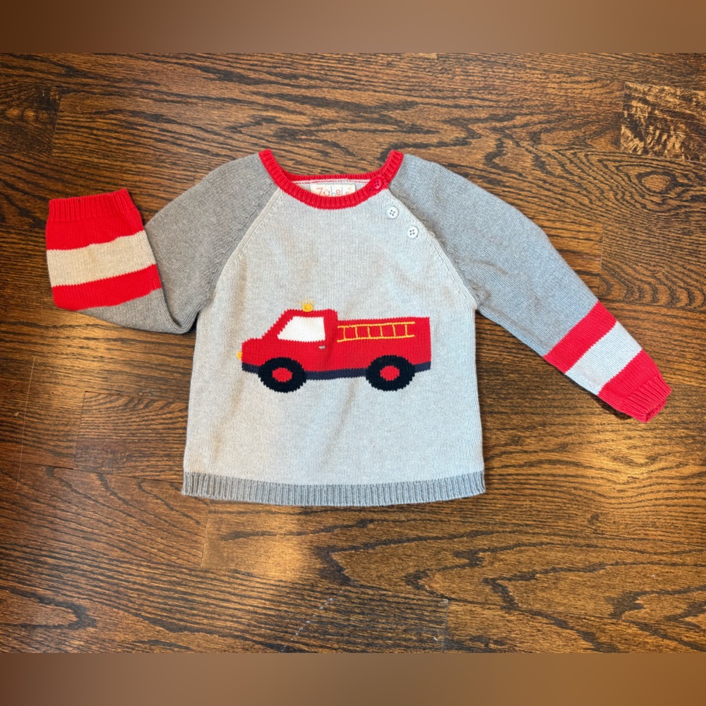 Gray and Red Fire Truck Kids Sweater